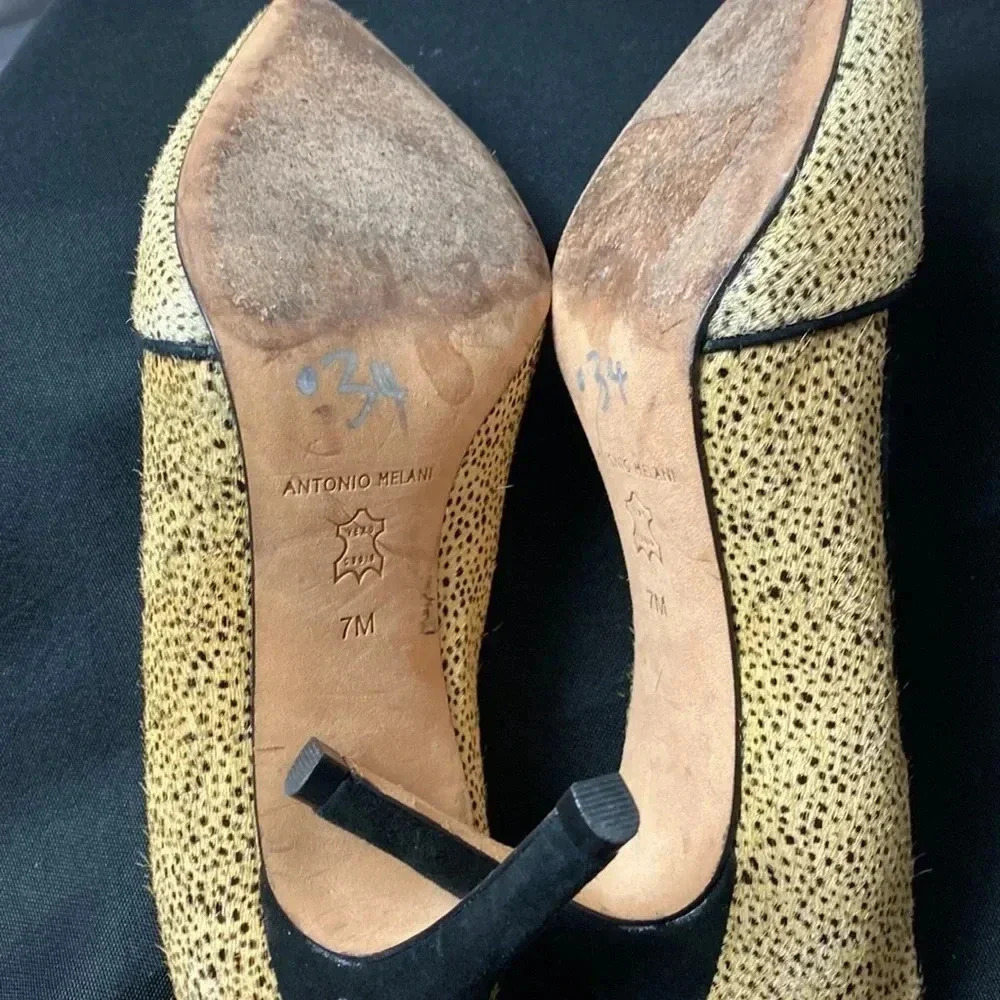 ANTONIO MELANI WO SIZE 7 TAN FUR BLACK DOTTED ANIMAL PRINT LEATHER UPPER - Picture 8 of 14